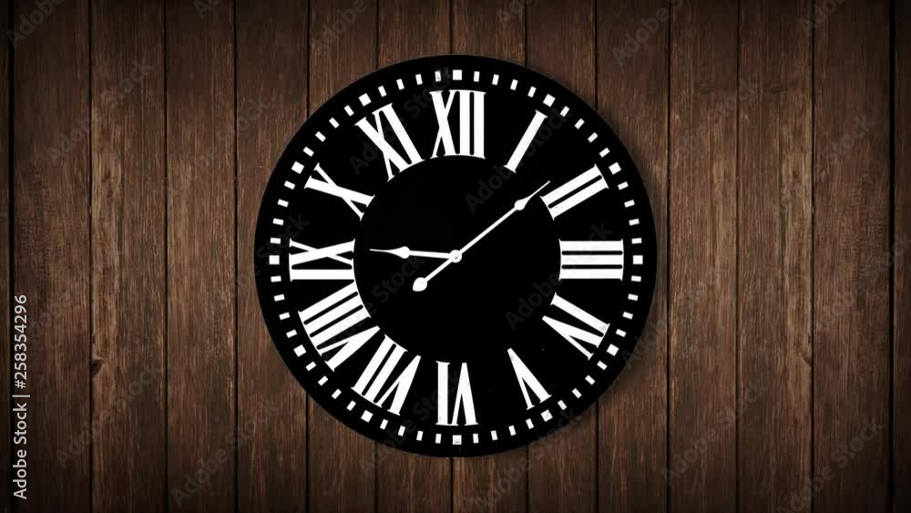 Clock hands keep going on just like human being's life - roman clock - reverse half day on wood background 