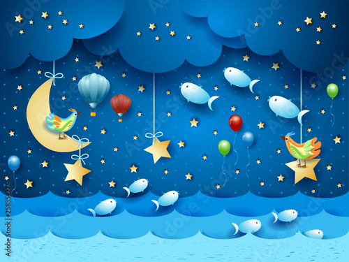 Surreal seascape by night with balloons, birds and flying fishes
