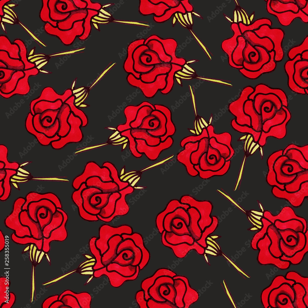 Seamless floral pattern.Red roses on a dark background. Flowers painted with markers. Print for fabric and other surfaces Seamless floral pattern.Red roses on a dark background. Flowers painted with markers. Print for fabric and other surfaces