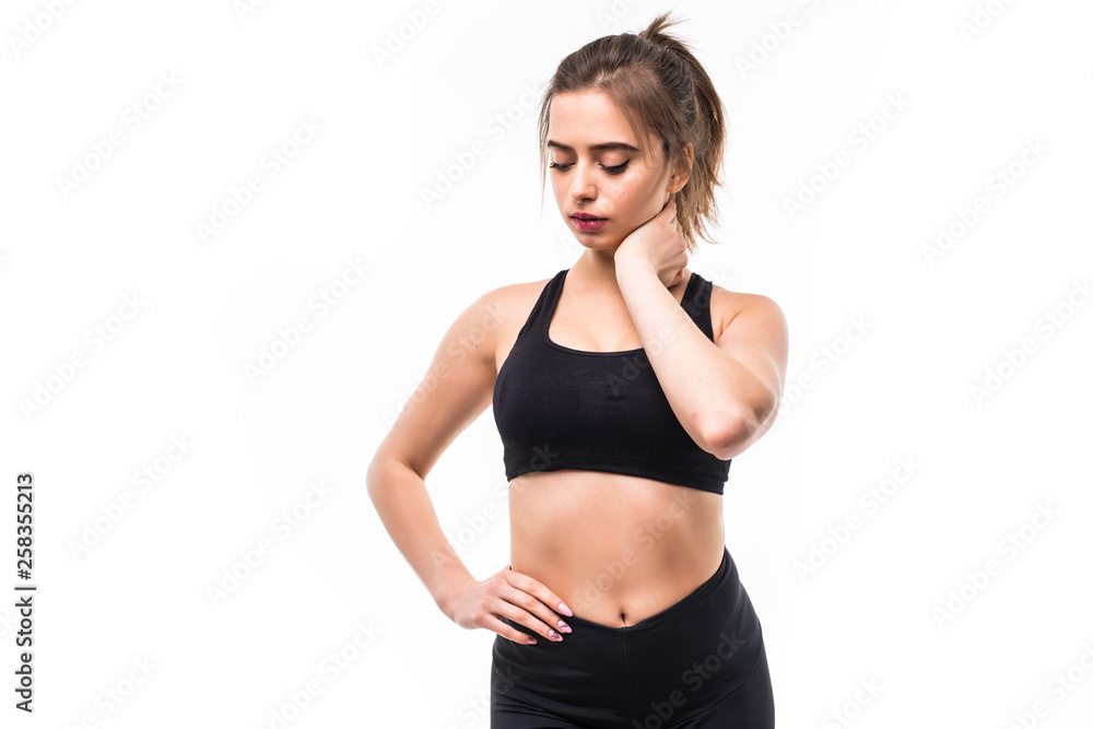 Fitness young woman with neck pain isolated on white background Fitness young woman with neck pain isolated on white background