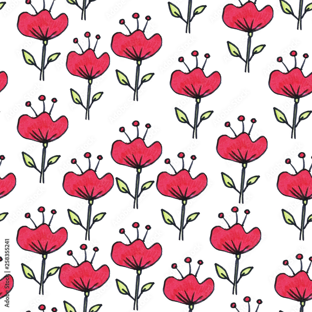 Obraz premium Seamless floral pattern. Flowers painted with markers. Print for fabric and other surfaces
