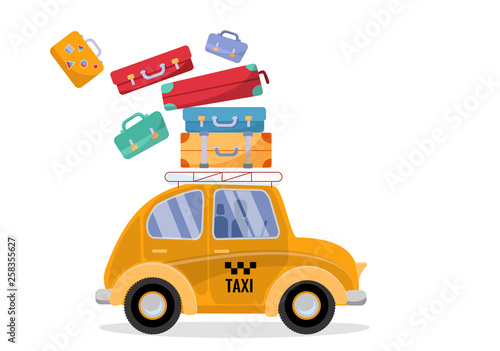 A little cute yellow taxi is in such a hurry that it loses the suitcases lying on the roof. yellow public passenger vehicle. taxi dride fast. Vector flat cartoon illustration on white background