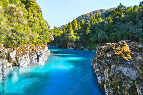 Deep blue water fills the Hokitika Gorge on New Zealand s south island.