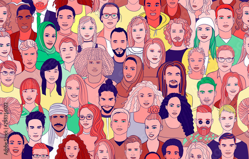 A large set of faces of young people of different nationalities. Seamless drawn creative pattern. photo