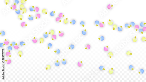 Vector Realistic Colorful Petals Falling on Transparent Background.  Spring Romantic Flowers Illustration. Flying Petals. Sakura Spa Design. Blossom Confetti. Design Elements for Wedding Decoration.