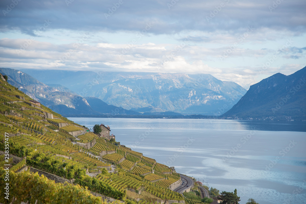 Obraz premium Lac Léman entouré par les montagnes, côté suisse