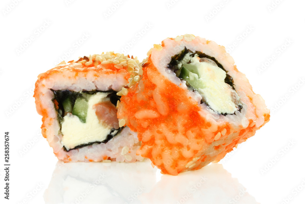 Sushi roll pieces with salmon, rice and nori Sushi roll pieces with salmon, rice and nori