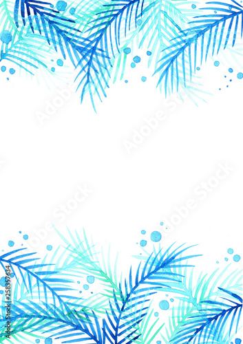Blue coconut leaves with blue bubble watercolor hand painting for decoration on summer beach events.