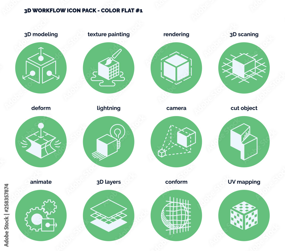 3D Design & Workflow icon set - green flat 3D Design & Workflow icon set - green flat