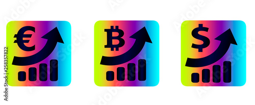 Vector collection of neon icons of monetary currency: dollar, euro and cryptocurrency bitcoin isolated. Iconography, business and finance. Exchange rates - comparative characteristics