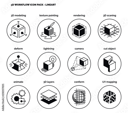 3D Design & Workflow icon set - black line