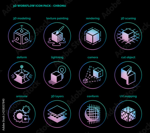 3D Design & Workflow icon set - vivid line
