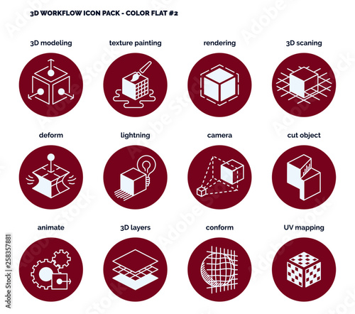 3D Design & Workflow icon set - red flat