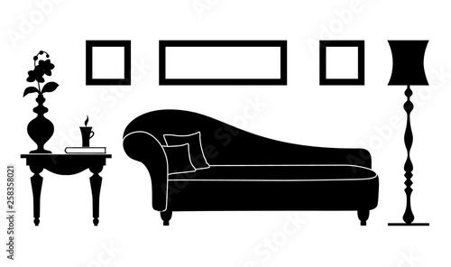 Interior living room with furniture silhouettes. Black and white boudoir stencil with sofa. Vector illustration.
