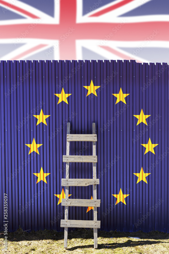 Brexit concept: metal wall with painted European Union flag, short ladder and Great Britain Union Jack flag on background Brexit concept: metal wall with painted European Union flag, short ladder and Great Britain Union Jack flag on background