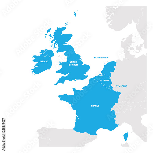 West Europe Region. Map of countries in western Europe. Vector illustration