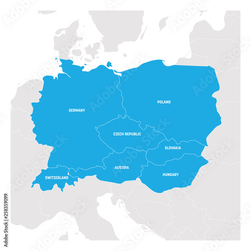 Central Europe Region. Map of countries in central part of Europe. Vector illustration