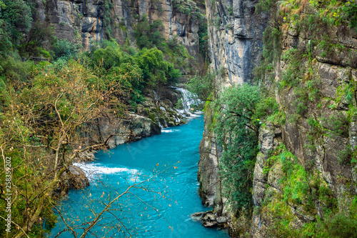 Turquoise Koprucay river landscape from Koprulu Canyon National Park in Manavgat, Antalya, Turkey.