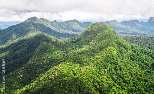Mountains covered with pristine primary forest dominate the landscape in this aerial shot of the Cockscomb Basin, Belize. photo
