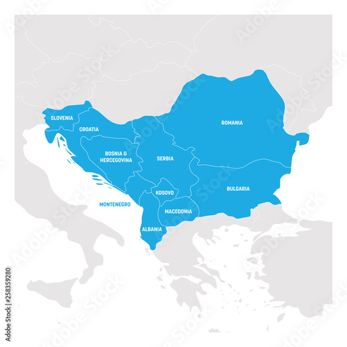 Southeast Europe Region. Map of countries of Balkan Peninsula. Vector illustration
