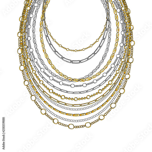 Golden and Silver Chain Neck Lace. Vector isolated on White Background with Stars and Glowing Lights. Trendy Accessory Illustration
