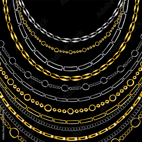 Golden and Silver Chain Neck Lace. Vector isolated on Black Background with Stars and Glowing Lights. Trendy Accessory Illustration