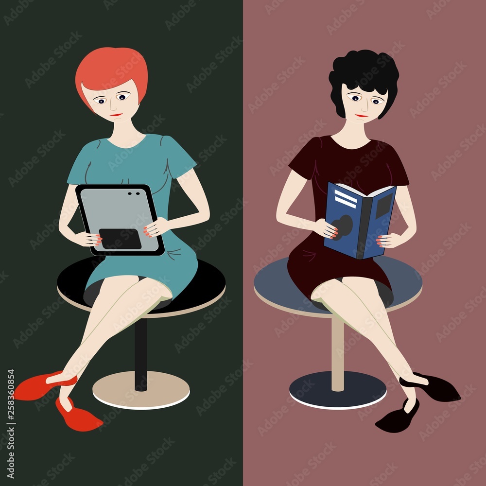 Two Girls Read One Woman With Straight Red Hair Reads From Tablet Other Girl With Curly
