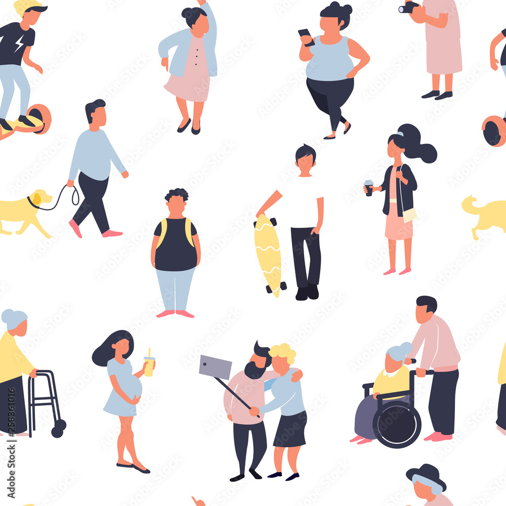 Seamless pattern with cartoon people walking on street. Crowd of male and female tiny characters. Colorful vector seamless pattern in trandy flat style for wallpaper, fabric print