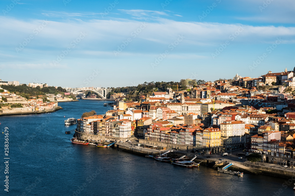 Porto city panorama with Douro River on a sunny day