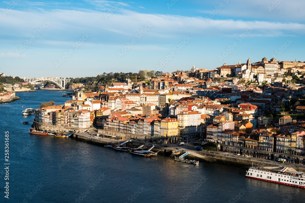 Porto city panorama with Douro River on a sunny day