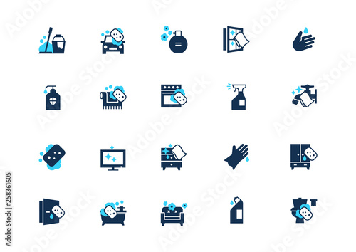 Set of cleaning icons with blue accent, isolated on light background. Contains such icons: Floor cleaning, Toilet cleaning, Car washing, Window cleaning, Disinfectant and more.