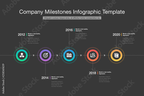 Modern infographic for company milestones timeline with colorful circles, glyph icons and place for your content - dark version. Easy to use for your website or presentation.