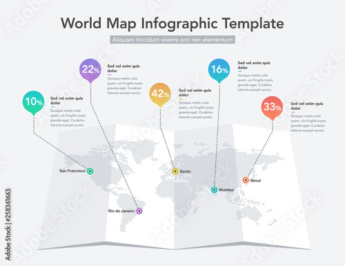 World map infographic template with colorful pointer marks. Easy to use for your design or presentation.