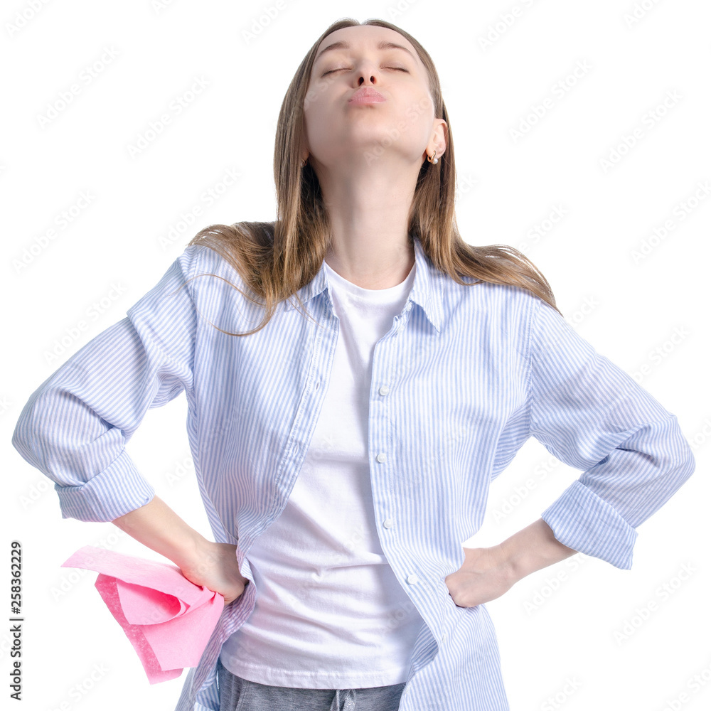 Woman housewife cleaning rag in hand on white background isolation Woman housewife cleaning rag in hand on white background isolation