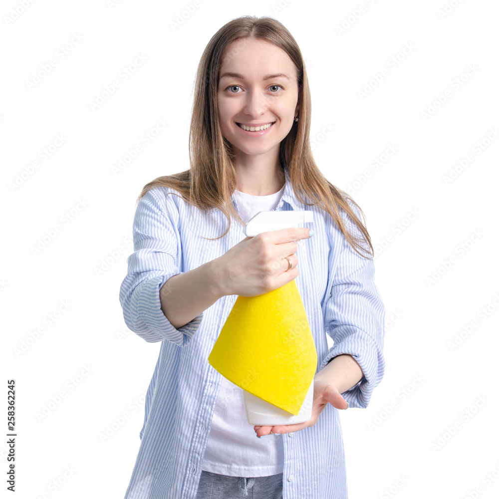 Woman housewife cleaning bottle spray rag in hand on white background isolation Woman housewife cleaning bottle spray rag in hand on white background isolation