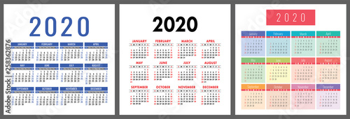 Calendar 2020 year. Vector calender design template. Colorful set. Week starts on Sunday