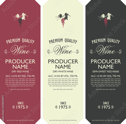 Set of three vector labels for red and white wine with bunches of grapes  calligraphic inscriptions and place for text in retro style