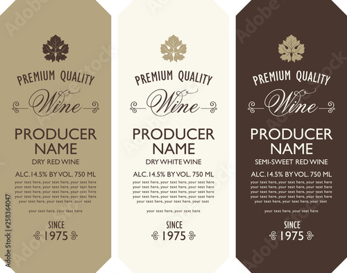 Set of three vector labels for red and white wine with vine leaves, calligraphic inscriptions and place for text in retro style