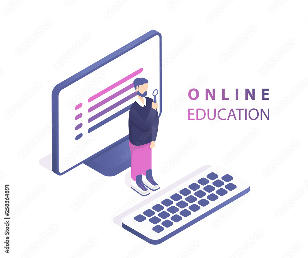Online education concept banner with characters. Flat isometric vector ...