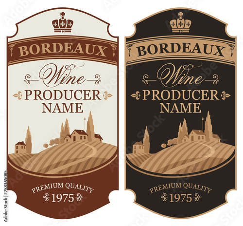 Set of two vector wine labels with calligraphic inscription and european rural landscape in figured frame in retro style