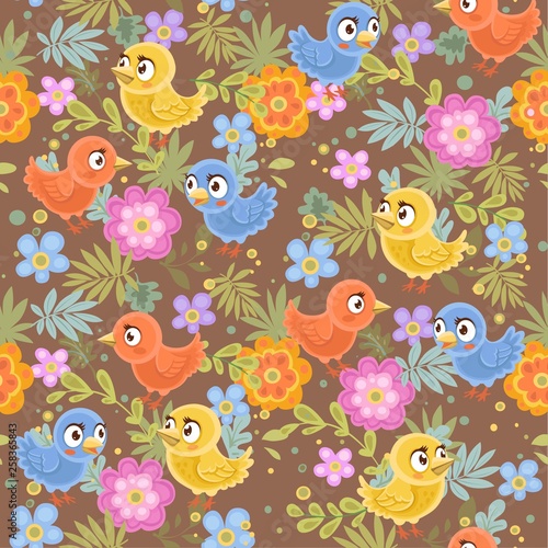 Seamless decorative ornament of birds and flowers on a dark brown background