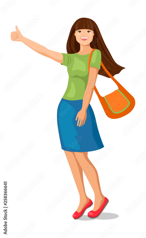 Concept of traveling by hitchhiking. Smiling young woman standing at the road and making the thumbs up gesture for stopping car. Vector illustration on isolated background. Concept of traveling by hitchhiking. Smiling young woman standing at the road and making the thumbs up gesture for stopping car. Vector illustration on isolated background.
