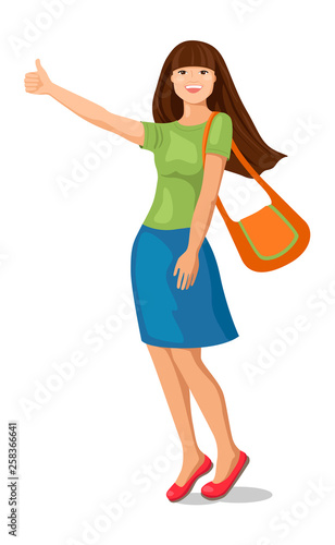 Concept of traveling by hitchhiking. Smiling young woman standing at the road and making the thumbs up gesture for stopping car.  Vector illustration on isolated background.