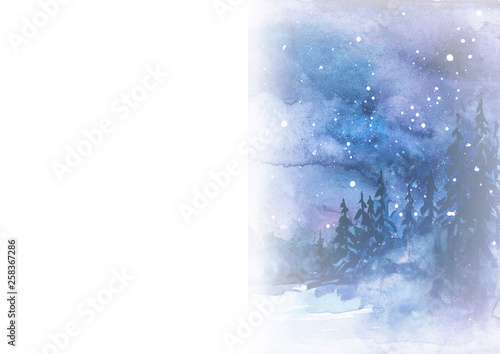 Watercolor painting, illustration, greeting card. Forest, suburban landscape, silhouettes of fir trees, pines, trees and bushes, the night sky with stars. Blue, purple color. Misty Mystical Forest