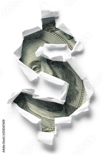 Canvastavla US Dollar shaped hole torn through paper, isolated on white background