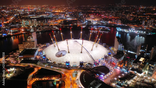Aerial night shot from iconic O2 Arena in Greenwich Peninsula