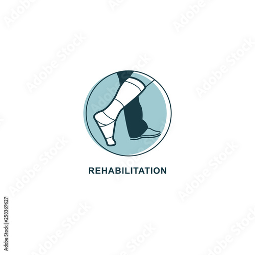 Rehabilitation logo vector. Recovery after injury emblem. Foot in plaster logo