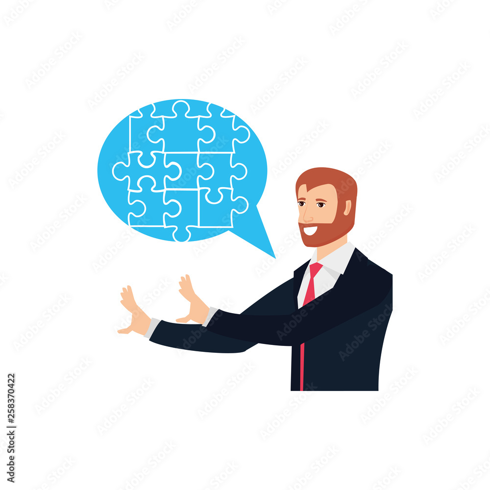 businessman with puzzle pieces in shape speech bubble businessman with puzzle pieces in shape speech bubble