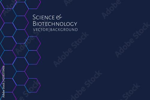 Modern background with hexagons, chemical bonds, molecules pattern. Medicine, science, biotechnology, pharmacology innovation concept. Place for text. Dark backdrop. Vector EPS 10 illustration..