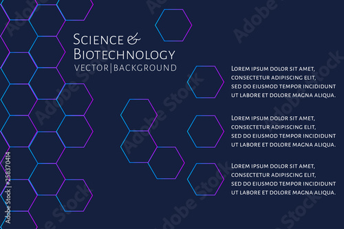 Modern background with hexagons, chemical bonds, molecules pattern. Medicine, science, biotechnology, pharmacology innovation concept. Place for text. Dark backdrop. Vector EPS 10 illustration..